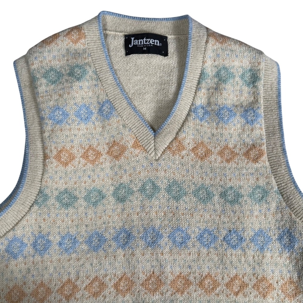 Jantzen Vintage Sweater Vest Mens M Fair Isle Argyle Diamond V-Neck 80s USA Made